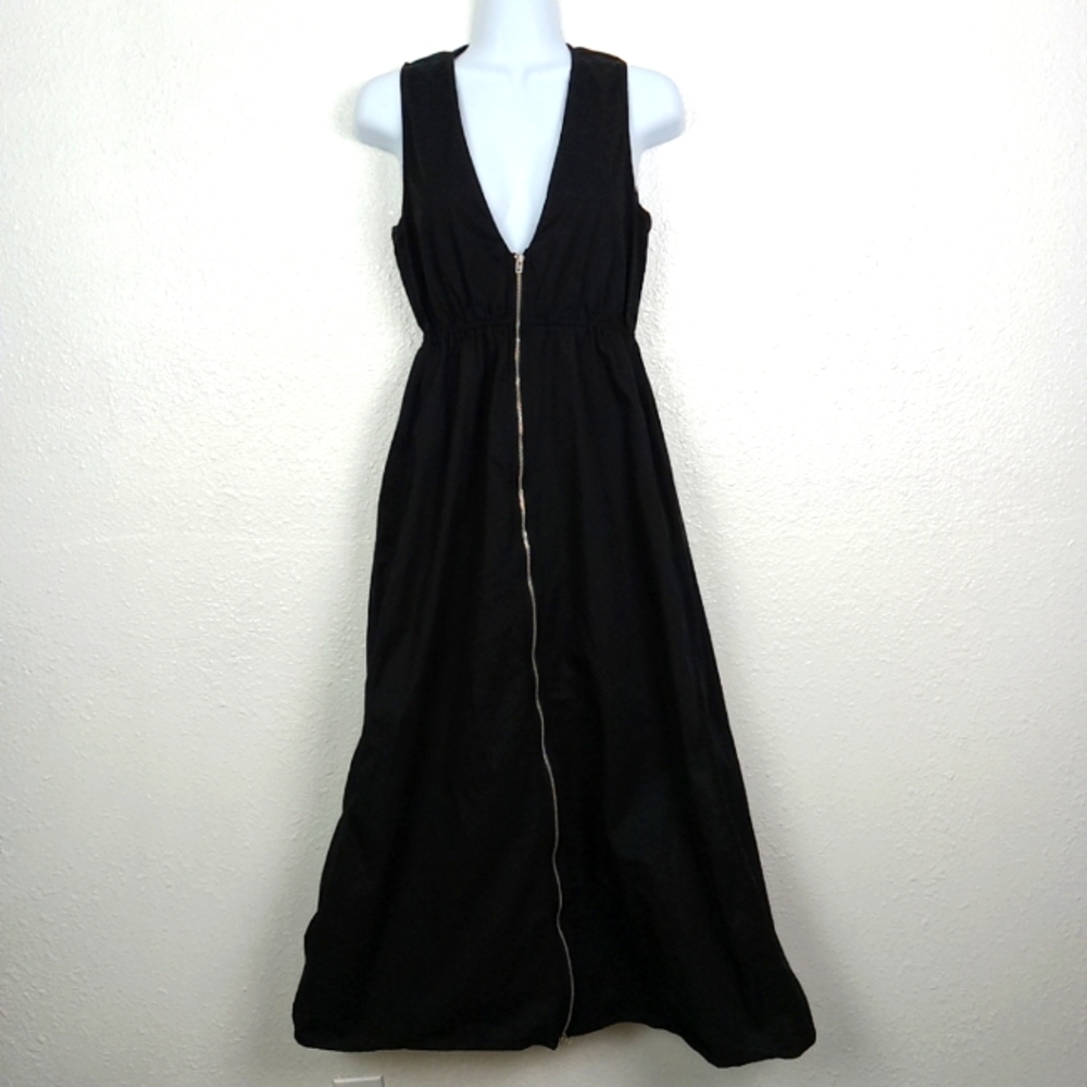 Zara Dress Black Midi Cotton Sleeveless Zipper V-neck Pockets Summer Small